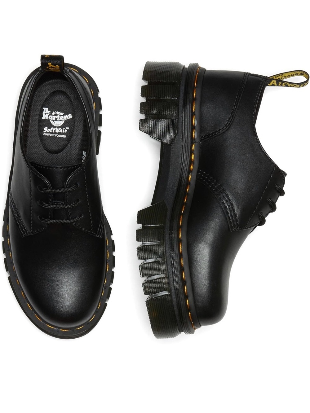 Dr. Martens Black Leather Quad Sole 3-Eye Shoes with Yellow Stitching